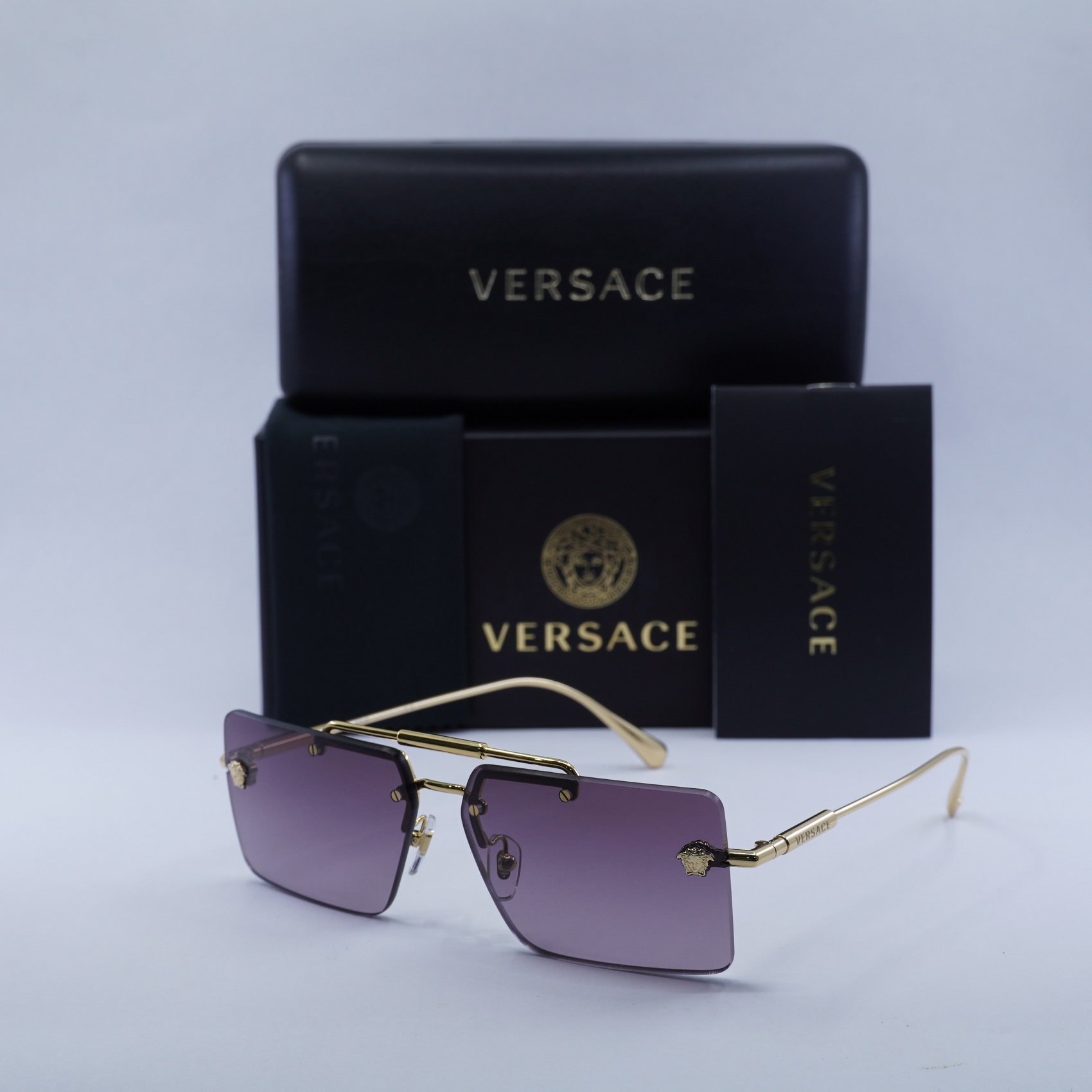 Versace VE 2245 10028H Gold Metal Rectangle Sunglasses Purple Gradient Lens Versace, Womens Rectangle Sunglasses, VE 2245 10028H, Gold  main image 2