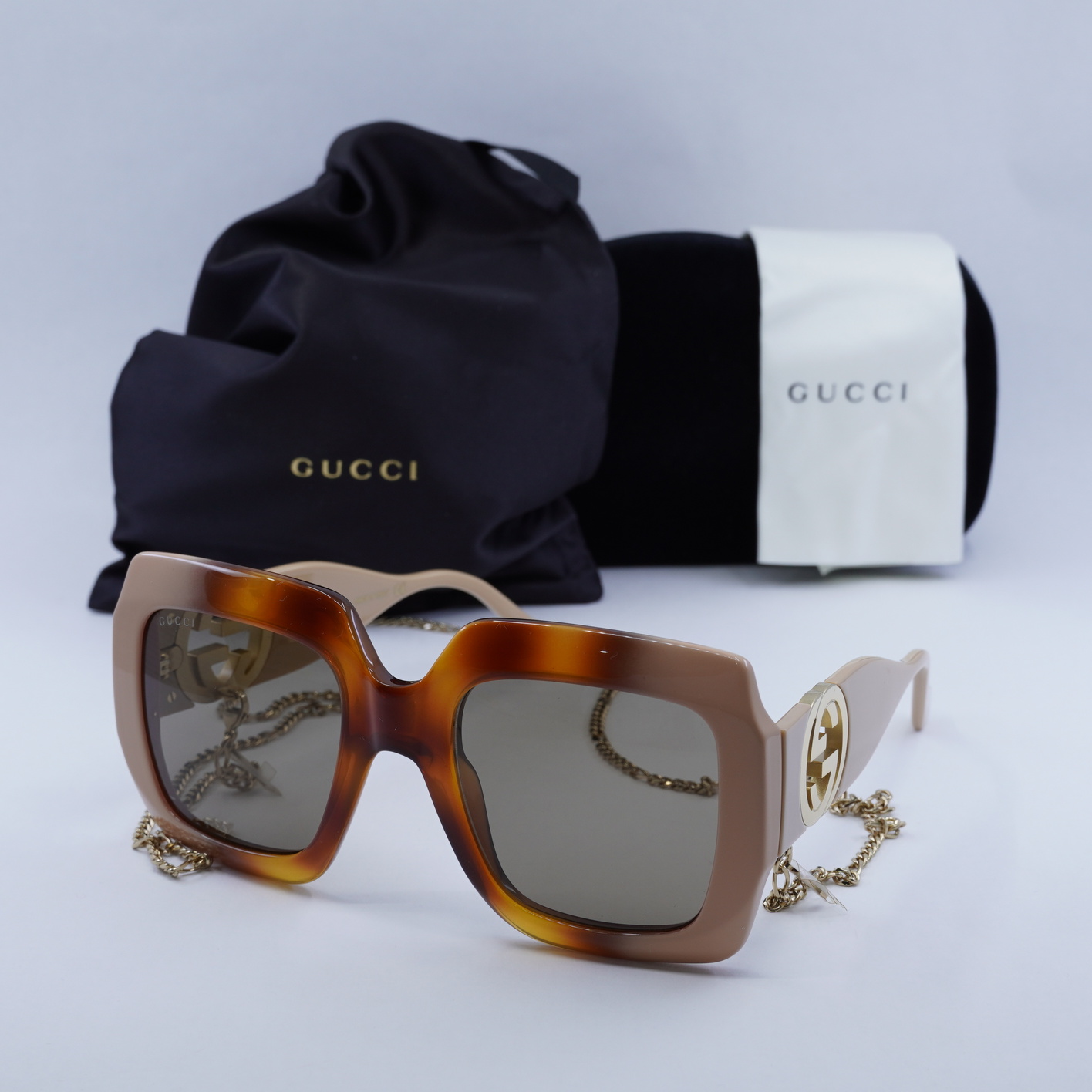 Gucci GG1022S Square Sunglasses Black w/ Gold Chain Gucci Acetate Rectangular Frame Chain Sunglasses GG1022S  main image 2