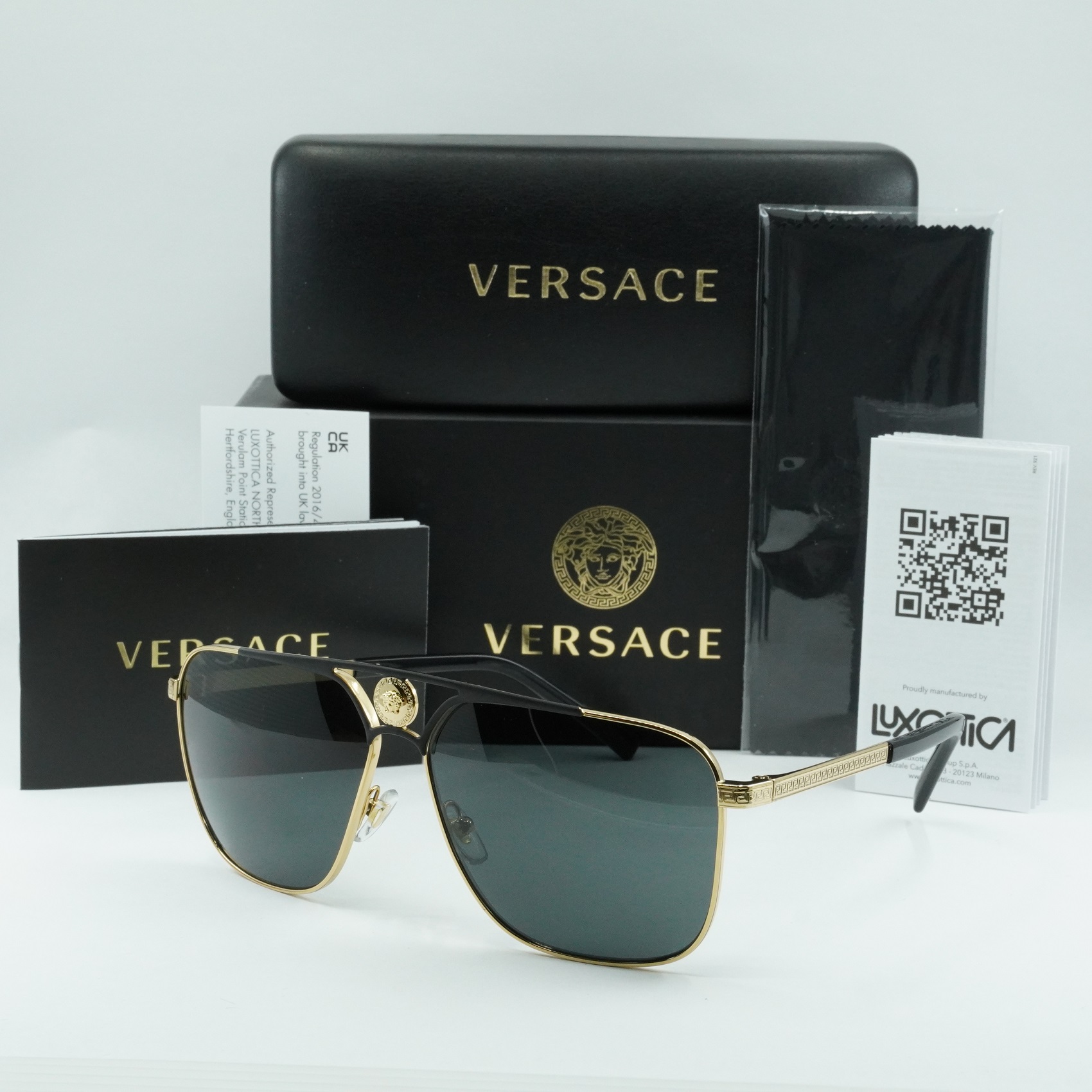 NEW Versace VE2238 143687 Gold Matte Black Gray Rectangle Metal Unisex Sunglasse Versace Unisex Rectangle Sunglasses, VE 2238 143687, Gold  main image 2